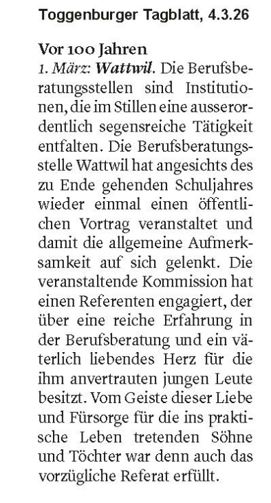 Artikel Toggenburger Tagblatt: vor 100 Jahren